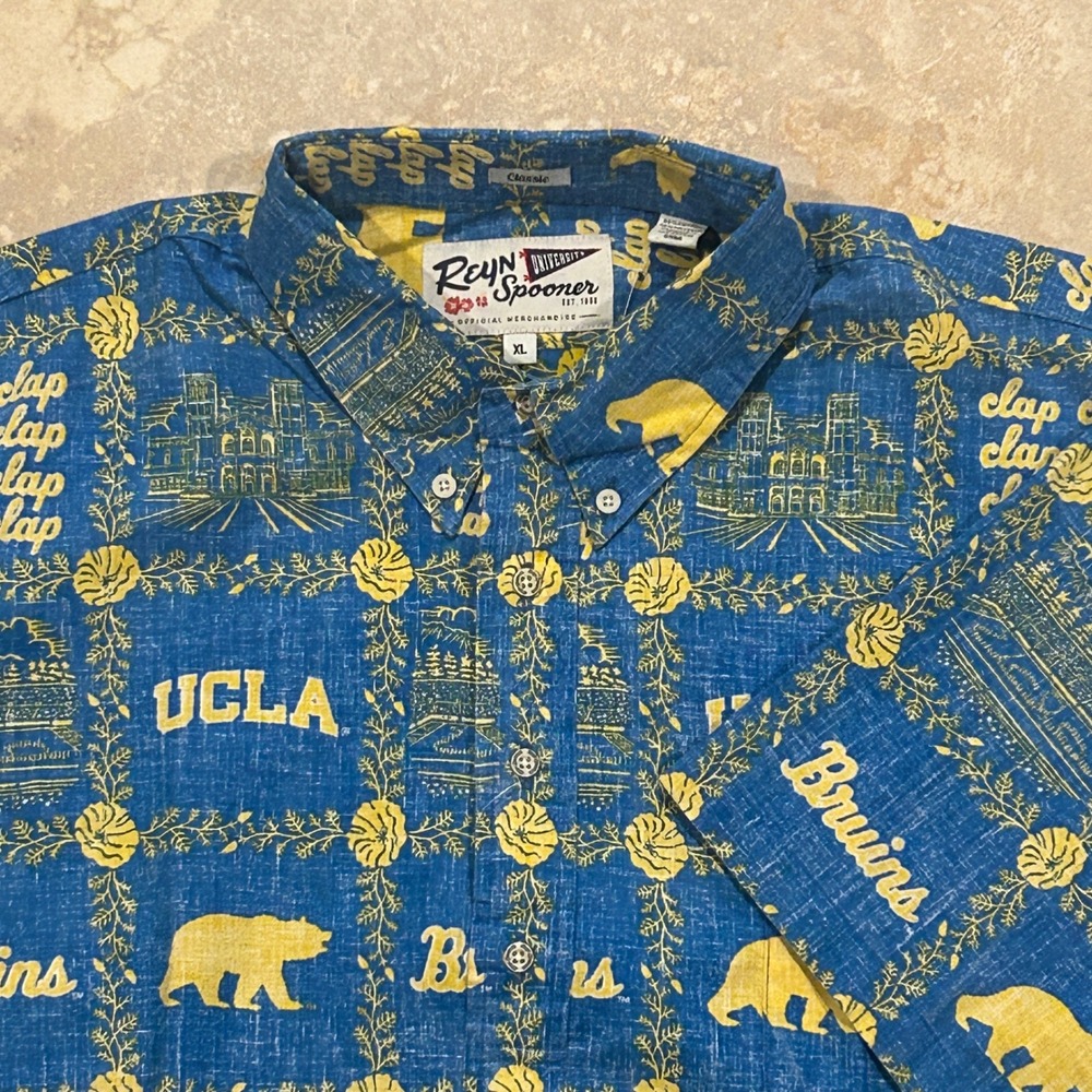 Reyn Spooner UCLA Bruins‎ Hawaiian Shirt Mens XL Button Down Blue Yellow